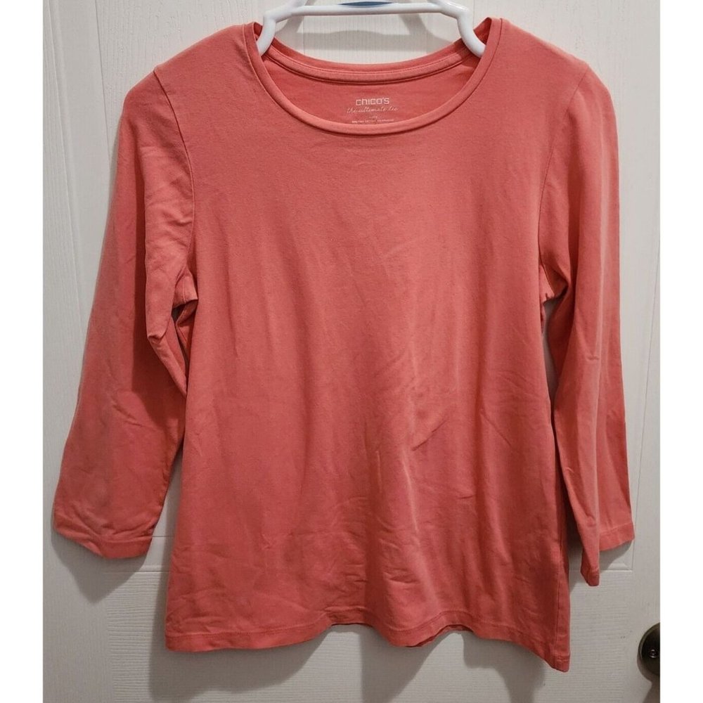 CHICOS Women's The Ultimate Tee 3/4 Sleeve Shirt Pink Peach Pima Cotton Sz 0 (S)